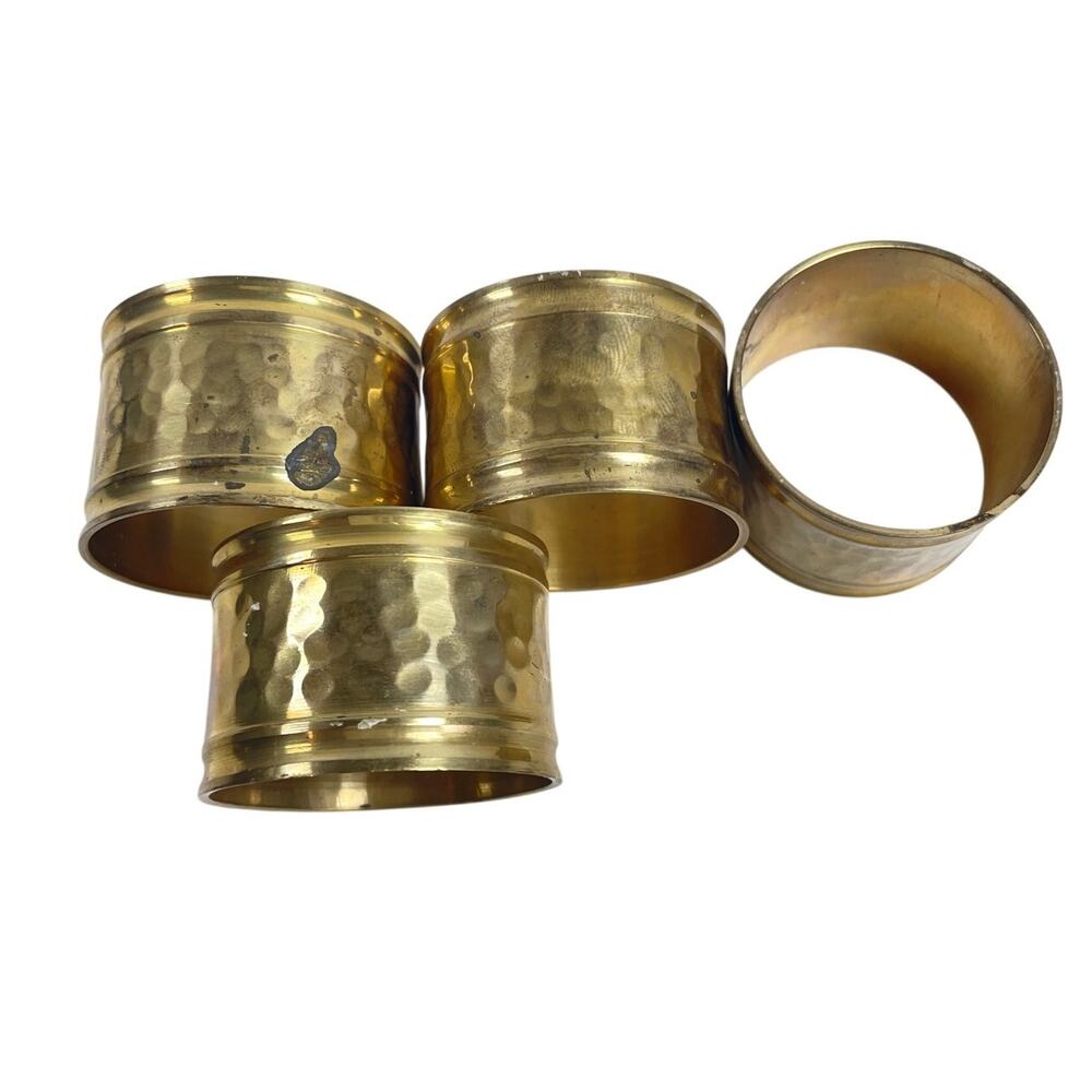 Vintage MCM Hammered Brass Round Napkin Rings 1 inch tall Set of 4